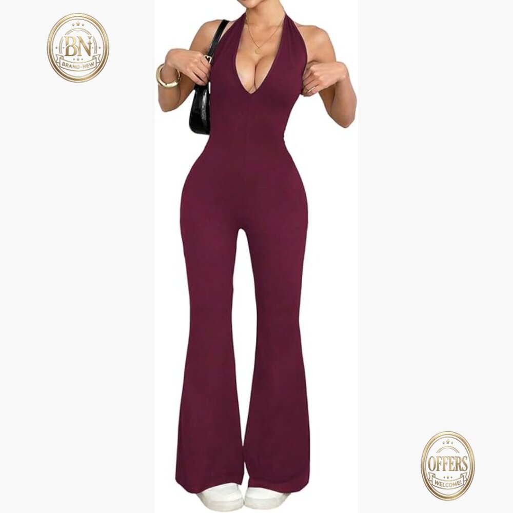 Polyester Elastane Halterneck Backless Flared Jum… - image 1